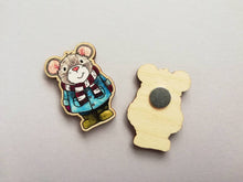 Load image into Gallery viewer, Mouse magnet, little wooden grey mouse duffle coat fridge magnet. Autumn, fall, winter decor