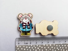 Load image into Gallery viewer, Mouse magnet, little wooden grey mouse duffle coat fridge magnet. Autumn, fall, winter decor