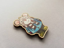 Load image into Gallery viewer, Mouse magnet, little wooden grey mouse duffle coat fridge magnet. Autumn, fall, winter decor