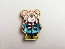 Load image into Gallery viewer, Mouse magnet, little wooden grey mouse duffle coat fridge magnet. Autumn, fall, winter decor