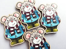 Load image into Gallery viewer, Mouse magnet, little wooden grey mouse duffle coat fridge magnet. Autumn, fall, winter decor