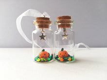 Load image into Gallery viewer, Miniature pumpkin decoration. Little pottery pumpkin in a glass bottle. Halloween mini star autumn ornament
