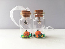 Load image into Gallery viewer, Miniature pumpkin decoration. Little pottery pumpkin in a glass bottle. Halloween mini star autumn ornament