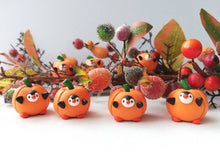 Load image into Gallery viewer, Pumpkin penguin. Little penguin in a box, autumn miniature pottery penguin in an orange pumpkin, ceramic quirky penguin Halloween gift