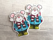 Load image into Gallery viewer, Grey mouse vinyl sticker, duffle coat, wellies and scarf mouse sticker