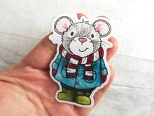 Load image into Gallery viewer, Grey mouse vinyl sticker, duffle coat, wellies and scarf mouse sticker