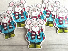 Load image into Gallery viewer, Grey mouse vinyl sticker, duffle coat, wellies and scarf mouse sticker