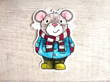 Load image into Gallery viewer, Grey mouse vinyl sticker, duffle coat, wellies and scarf mouse sticker