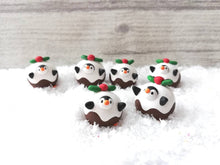 Load image into Gallery viewer, Pudding penguin. Little penguin in a box, Christmas miniature pottery penguin dressed as a pudding, ceramic quirky penguin Christmas gift