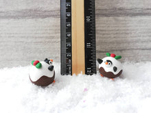 Load image into Gallery viewer, Pudding penguin. Little penguin in a box, Christmas miniature pottery penguin dressed as a pudding, ceramic quirky penguin Christmas gift