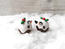 Load image into Gallery viewer, Pudding penguin. Little penguin in a box, Christmas miniature pottery penguin dressed as a pudding, ceramic quirky penguin Christmas gift