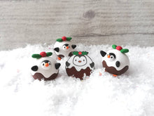 Load image into Gallery viewer, Pudding penguin. Little penguin in a box, Christmas miniature pottery penguin dressed as a pudding, ceramic quirky penguin Christmas gift
