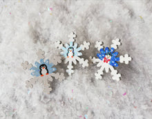Load image into Gallery viewer, Christmas snowflake brooch, handpainted, penguin or snowman, glittery pin