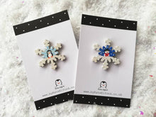 Load image into Gallery viewer, Christmas snowflake brooch, handpainted, penguin or snowman, glittery pin