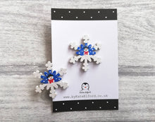 Load image into Gallery viewer, Christmas snowflake brooch, handpainted, penguin or snowman, glittery pin