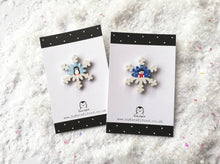Load image into Gallery viewer, Christmas snowflake brooch, handpainted, penguin or snowman, glittery pin