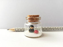 Load image into Gallery viewer, Miniature mole and red toadstool Christmas ornament. Little glass bottle and pottery mole. Christmas woodland mini ornament