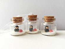 Load image into Gallery viewer, Miniature mole and red toadstool Christmas ornament. Little glass bottle and pottery mole. Christmas woodland mini ornament