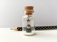 Load image into Gallery viewer, Miniature mole decoration. Little pottery hedgehog in a glass bottle. Christmas mole, snow and star ornament