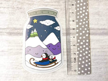 Load image into Gallery viewer, Penguin winter jam jar vinyl sticker
