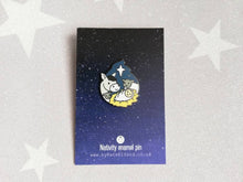 Load image into Gallery viewer, Nativity enamel pin, Christmas brooch, baby Jesus,crib, donkey, sheep and star. The reason for the season, Christian pins, Christmas