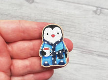 Load image into Gallery viewer, Little wooden penguin magnet with a cup of tea