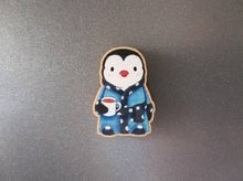 Load image into Gallery viewer, Penguin in a dressing gown and slippers with a cup of tea magnet