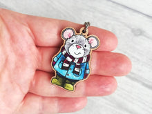 Load image into Gallery viewer, Mouse keyring, eco friendly, wooden mouse key fob, duffle coat and wellies key chain, wood bag charm, responsibly resourced wood