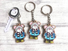 Load image into Gallery viewer, Mouse keyring, eco friendly, wooden mouse key fob, duffle coat and wellies key chain, wood bag charm, responsibly resourced wood