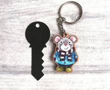 Load image into Gallery viewer, Mouse keyring, eco friendly, wooden mouse key fob, duffle coat and wellies key chain, wood bag charm, responsibly resourced wood