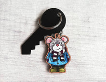 Load image into Gallery viewer, Mouse keyring, eco friendly, wooden mouse key fob, duffle coat and wellies key chain, wood bag charm, responsibly resourced wood