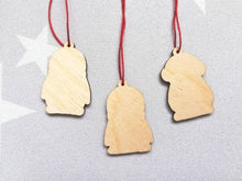 Load image into Gallery viewer, Penguin Christmas decorations. Set of three wooden penguins. Christmas jumper, deer, snowman, santa. Cute Christmas tree ornaments.