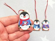 Load image into Gallery viewer, Penguin Christmas decorations. Set of three wooden penguins. Christmas jumper, deer, snowman, santa. Cute Christmas tree ornaments.