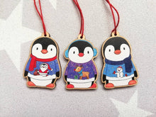 Load image into Gallery viewer, Penguin Christmas decorations. Set of three wooden penguins. Christmas jumper, deer, snowman, santa. Cute Christmas tree ornaments.