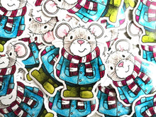 Load image into Gallery viewer, Grey mouse vinyl sticker, duffle coat, wellies and scarf mouse sticker