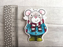 Load image into Gallery viewer, Grey mouse vinyl sticker, duffle coat, wellies and scarf mouse sticker