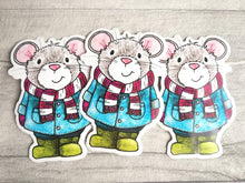 Load image into Gallery viewer, Grey mouse vinyl sticker, duffle coat, wellies and scarf mouse sticker
