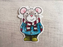 Load image into Gallery viewer, Grey mouse vinyl sticker, duffle coat, wellies and scarf mouse sticker