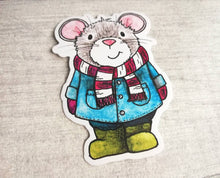 Load image into Gallery viewer, Grey mouse vinyl sticker, duffle coat, wellies and scarf mouse sticker
