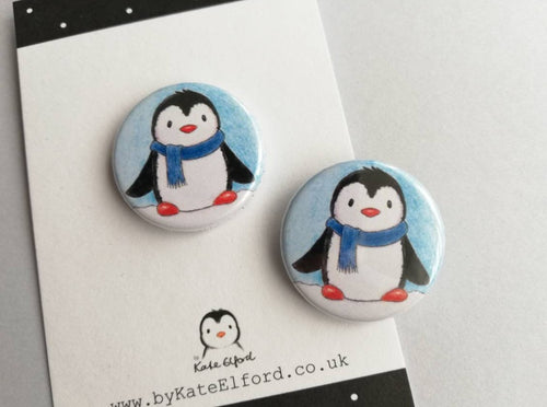 Mini button badge, a little penguin wearing a blue scarf