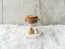 Load image into Gallery viewer, Miniature owl Christmas decoration. Little pottery owls in a glass bottle. Christmas owl mini ornament