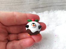 Load image into Gallery viewer, Pudding penguin. Little penguin in a box, Christmas miniature pottery penguin dressed as a pudding, ceramic quirky penguin Christmas gift
