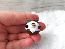 Load image into Gallery viewer, Pudding penguin. Little penguin in a box, Christmas miniature pottery penguin dressed as a pudding, ceramic quirky penguin Christmas gift
