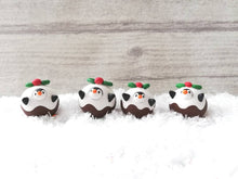 Load image into Gallery viewer, Pudding penguin. Little penguin in a box, Christmas miniature pottery penguin dressed as a pudding, ceramic quirky penguin Christmas gift