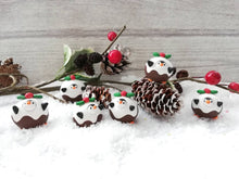 Load image into Gallery viewer, Pudding penguin. Little penguin in a box, Christmas miniature pottery penguin dressed as a pudding, ceramic quirky penguin Christmas gift