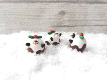 Load image into Gallery viewer, Pudding penguin. Little penguin in a box, Christmas miniature pottery penguin dressed as a pudding, ceramic quirky penguin Christmas gift