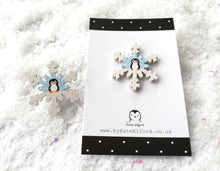 Load image into Gallery viewer, Christmas snowflake brooch, handpainted, penguin or snowman, glittery pin