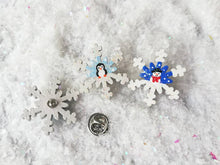 Load image into Gallery viewer, Christmas snowflake brooch, handpainted, penguin or snowman, glittery pin
