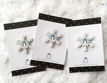 Load image into Gallery viewer, Christmas snowflake brooch, handpainted, penguin or snowman, glittery pin