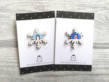 Load image into Gallery viewer, Christmas snowflake brooch, handpainted, penguin or snowman, glittery pin